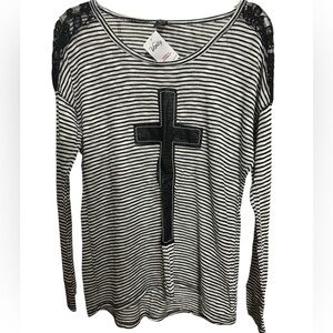 Vanity Black and White Striped Long Sleeve Knit Cross with Lace-  NWT M